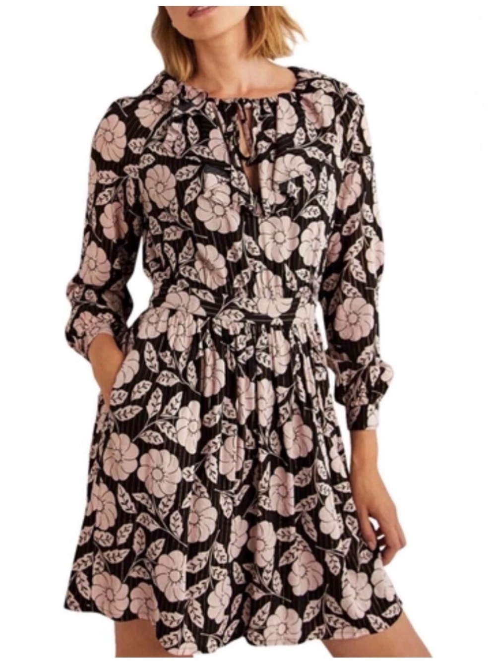 Boden Black Gold Metallic Floral Notch Neck Ruffle Dress US 8 NEW 2038